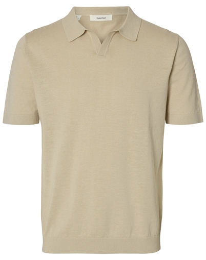 Selected - SLHMattias Linen Blend Open Polo - Oatmeal